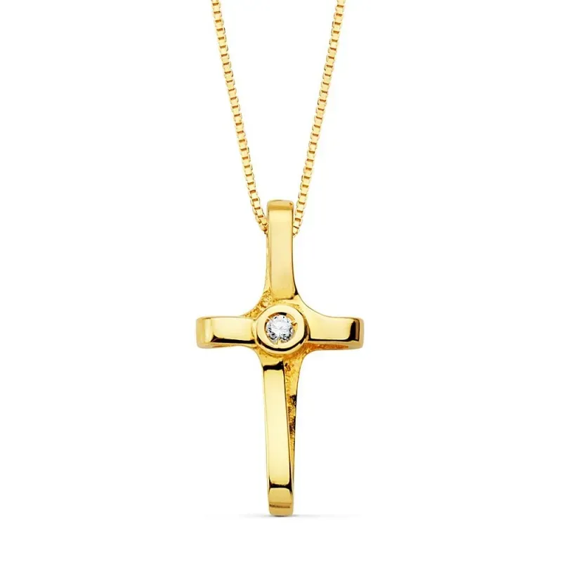 Colgante oro 18k cruz 16mm. diamante brillante 0.015ct. cadena veneciana 45cm. mujer