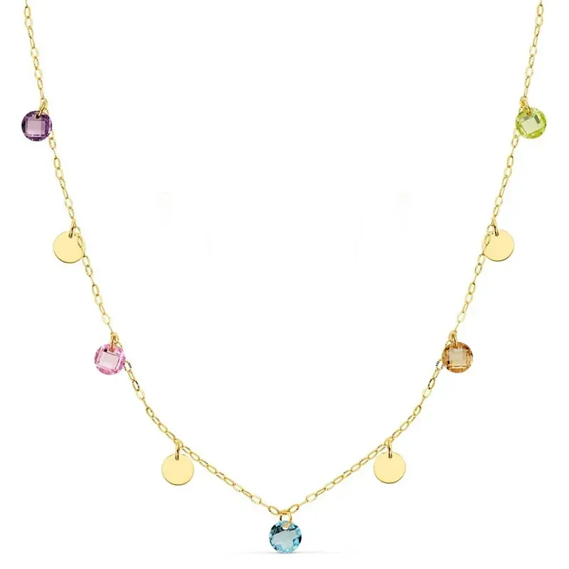 Gargantilla oro 18k 40cm. chapas lisas 5mm. piedras colores 5mm. mujer