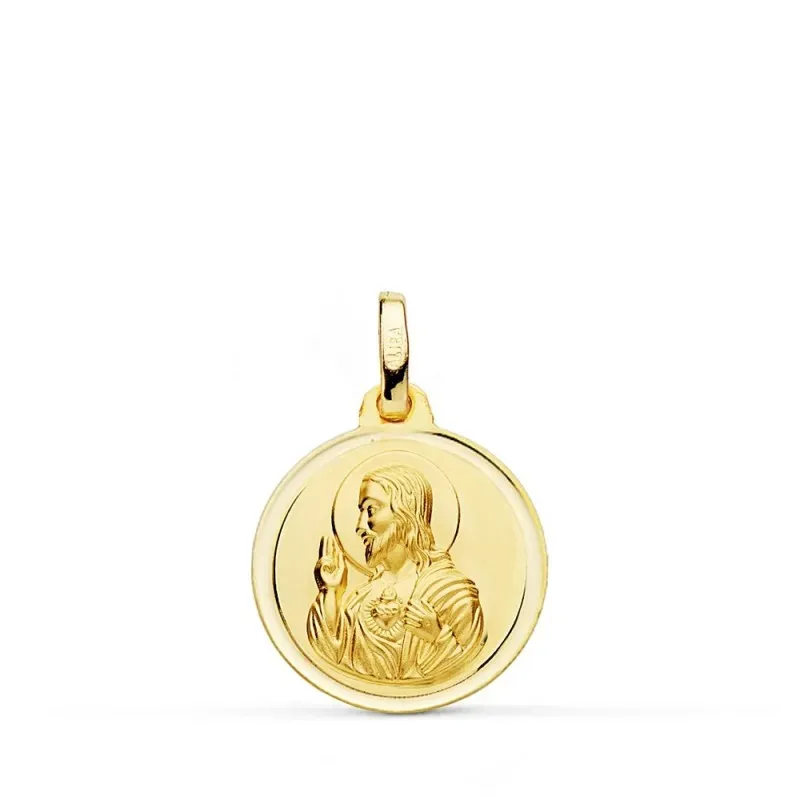 Medalla oro 18k colgante 16mm. Corazón de Jesús bisel unisex