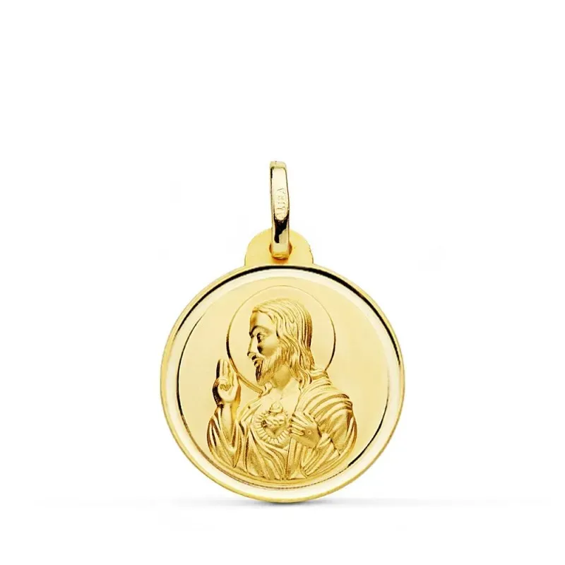 Medalla oro 18k colgante 20mm. Corazón de Jesús bisel unisex