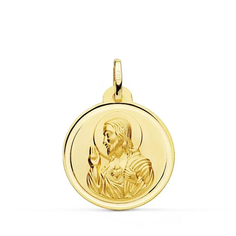Medalla oro 18k colgante 22mm. Corazón de Jesús bisel unisex