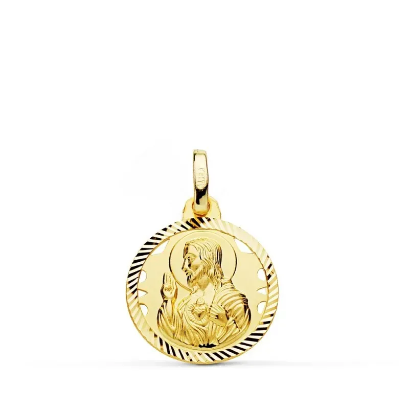 Medalla oro 18k colgante 16mm. Corazón de Jesús cerco tallado unisex