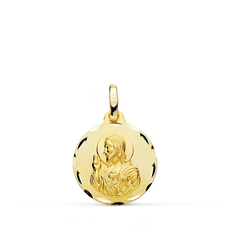 Medalla oro 18k colgante 16mm. Corazón de Jesús cerco tallado unisex