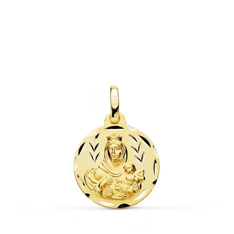 Medalla oro 18k colgante 16mm. Virgen del Carmen cerco tallado unisex