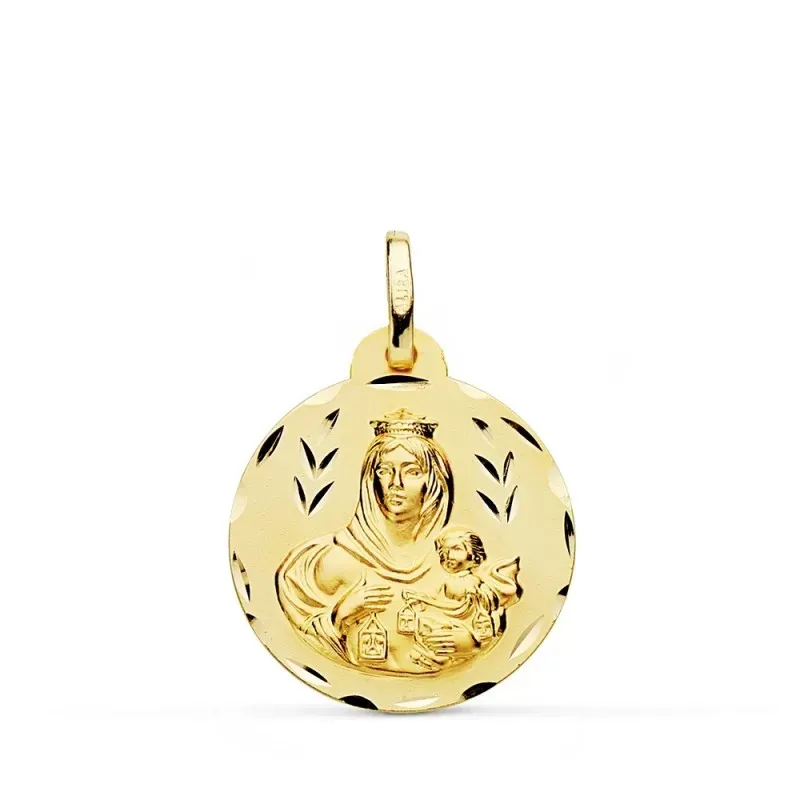 Medalla oro 18k colgante 20mm. Virgen del Carmen cerco tallado unisex