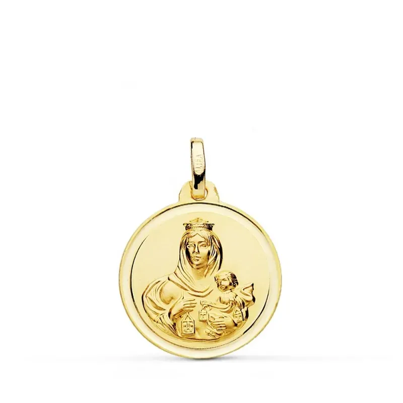 Medalla oro 18k colgante 18mm. Virgen del Carmen bisel unisex