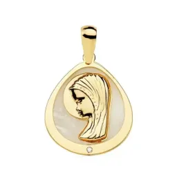 Medalla oro 18k colgante 18mm. Virgen Niña nácar circonita forma lágrima