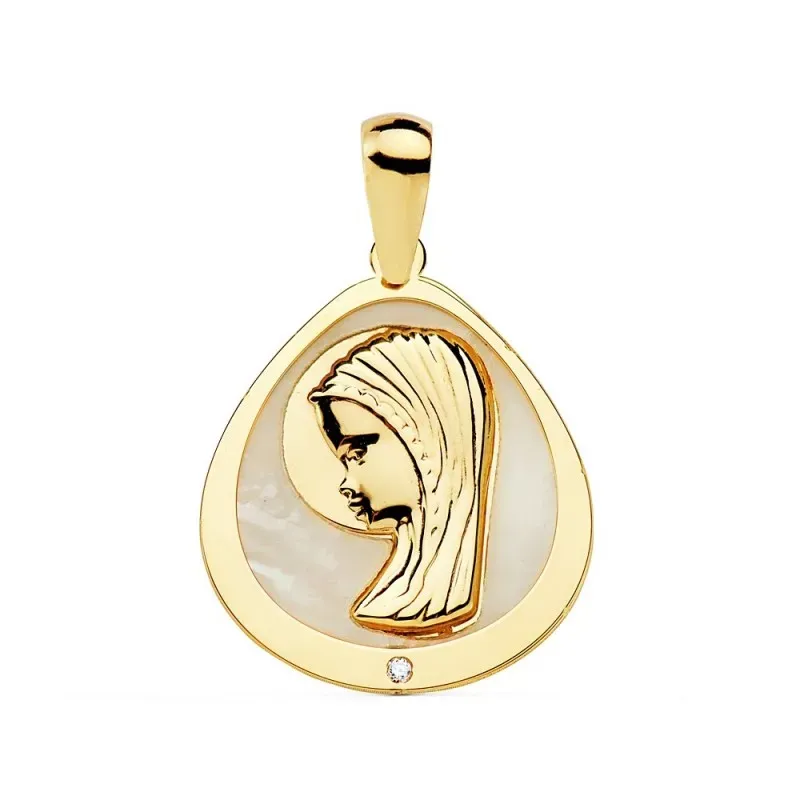 Medalla oro 18k colgante 18mm. Virgen Niña nácar circonita forma lágrima