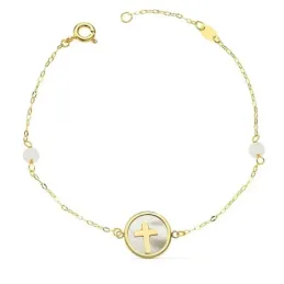 Pulsera oro 18k forzada 18cm. cruz 12mm. nácar bolas jade 4mm. cierre reasa mujer