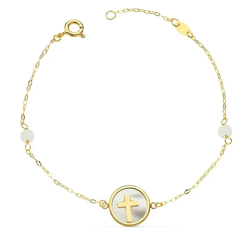 Pulsera oro 18k forzada 18cm. cruz 12mm. nácar bolas jade 4mm. cierre reasa mujer