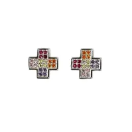 Pendientes plata Ley 925m rodiados 8mm. cruz piedras microengastadas multicolor cierre presión