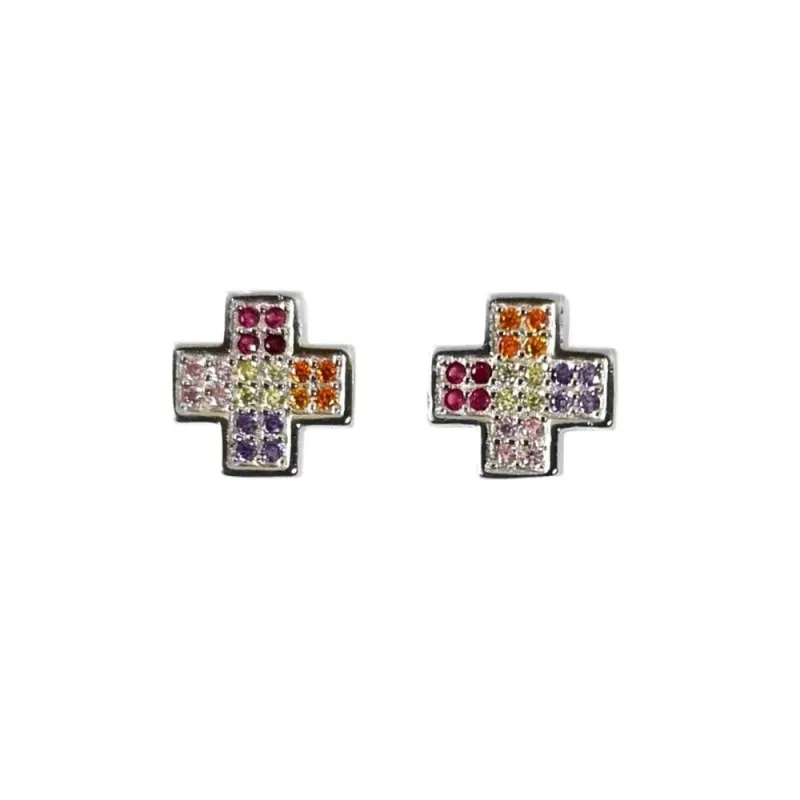 Pendientes plata Ley 925m rodiados 8mm. cruz piedras microengastadas multicolor cierre presión