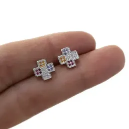 Pendientes plata Ley 925m rodiados 8mm. cruz piedras microengastadas multicolor cierre presión