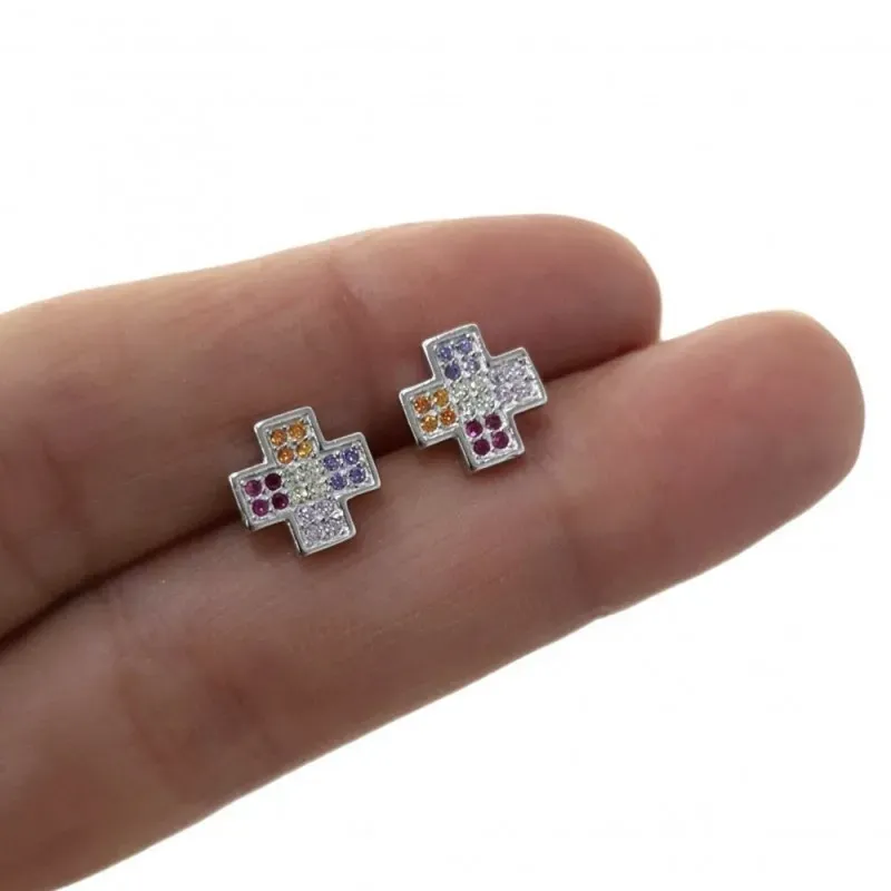 Pendientes plata Ley 925m rodiados 8mm. cruz piedras microengastadas multicolor cierre presión