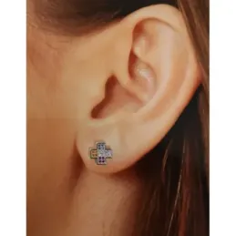 Pendientes plata Ley 925m rodiados 8mm. cruz piedras microengastadas multicolor cierre presión