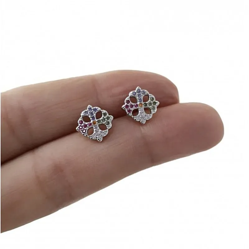 Pendientes plata Ley 925m rodiados 10mm. calados piedras microengastadas multicolor cierre presión