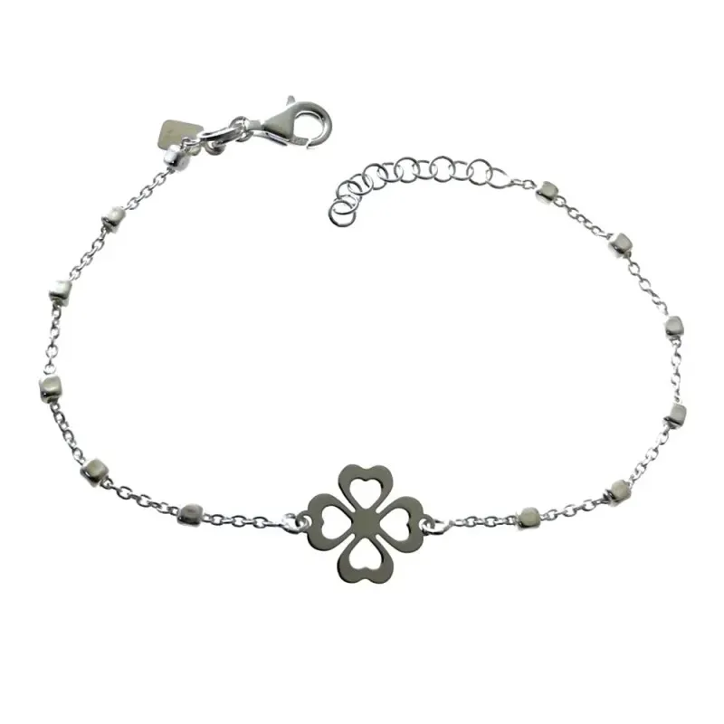 Pulsera plata Ley 925m cadena combinada 17cm. detalle trébol calado cierre mosquetón