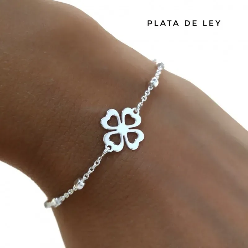 Pulsera plata Ley 925m cadena combinada 17cm. detalle trébol calado cierre mosquetón