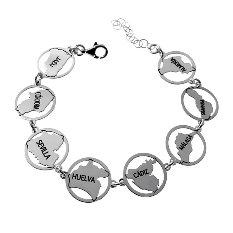 Pulsera plata Ley 925m 18cm. chapas detalle provincias Andalucía cierre mosquetón