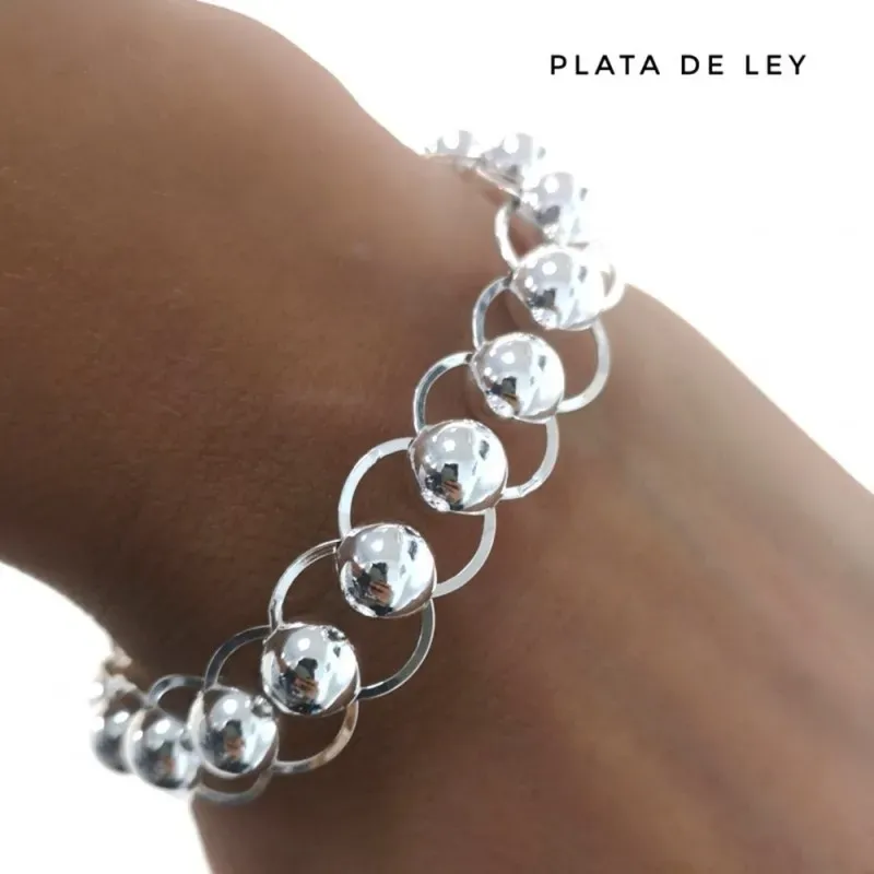 Pulsera plata Ley 925m 20cm. asas planas centro bola 8mm. lisa cierre mosquetón