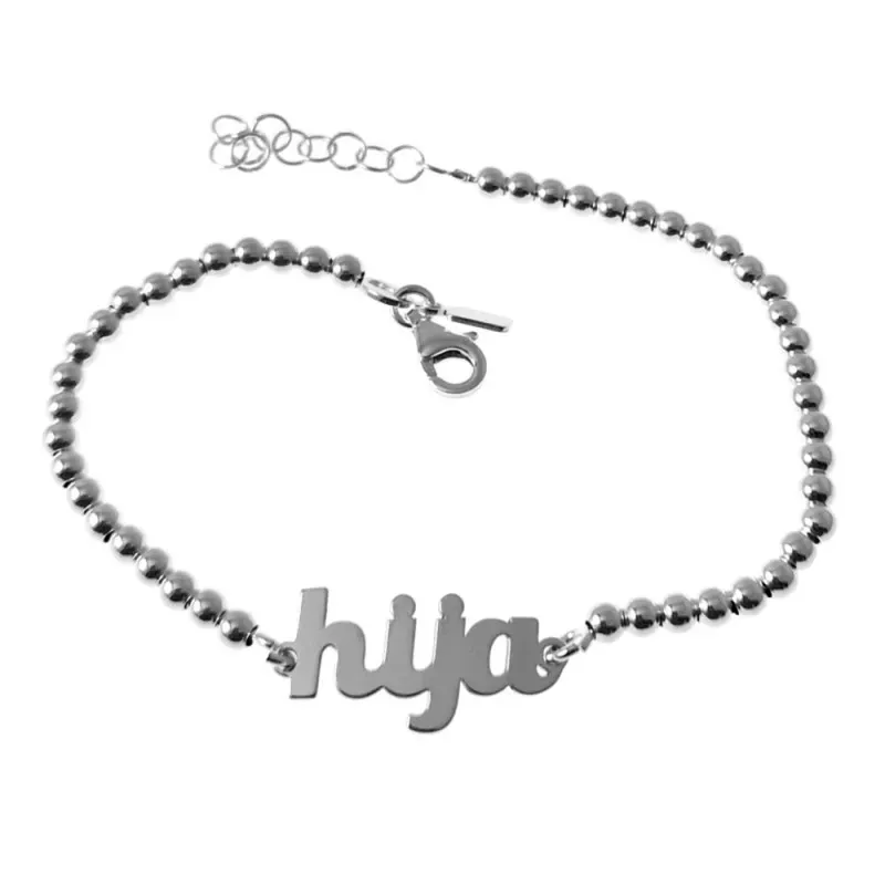 Pulsera plata Ley 925m cadena bolas 17mm. centro palabra HIJA lisa cierre mosquetón