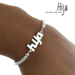 Pulsera plata Ley 925m cadena bolas 17mm. centro palabra HIJA lisa cierre mosquetón
