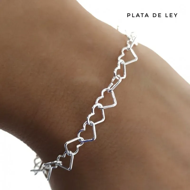 Pulsera plata Ley 925m cadena corazones calados entrelazados 19cm. cierre mosquetón