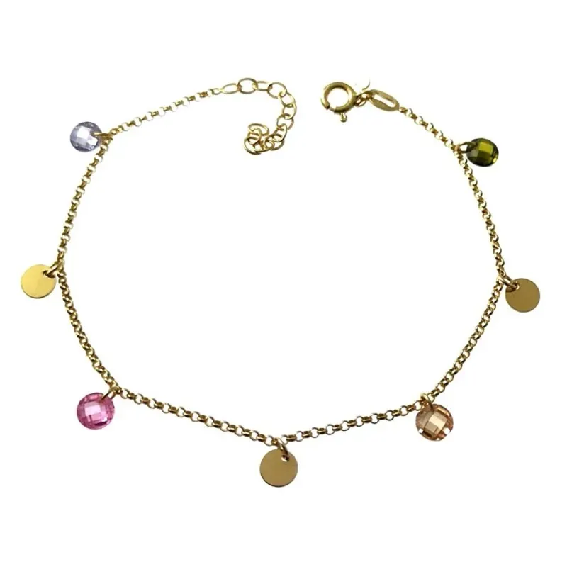 Pulsera plata Ley 925m chapada oro 18cm. piedras colores 5mm. chapitas lisas colgando cierre reasa