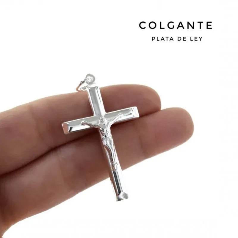 Colgante plata Ley 925m crucifijo liso 40mm. cristo palo semi redondo