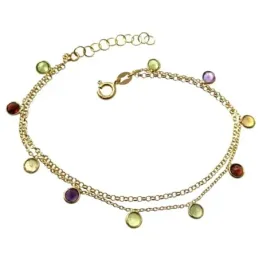 Pulsera plata Ley 925m chapada oro doble cadena 18cm piedras boceladas colores colgando cierre reasa