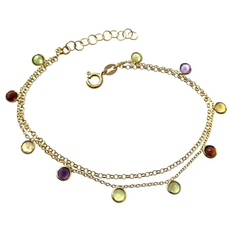 Pulsera plata Ley 925m chapada oro doble cadena 18cm piedras boceladas colores colgando cierre reasa