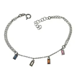 Pulsera plata Ley 925m rodiada 18cm. centro piedras colores rectangulares colgando cierre reasa