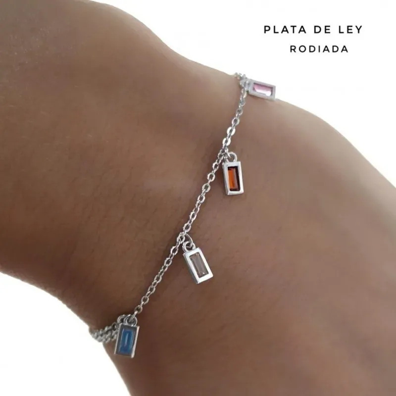 Pulsera plata Ley 925m rodiada 18cm. centro piedras colores rectangulares colgando cierre reasa