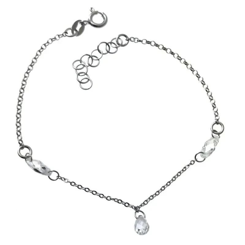 Pulsera plata Ley 925m rodiada cadena rolo 18cm. detalle piedras formas ovales lágrimas cierre reasa