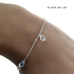 Pulsera plata Ley 925m rodiada cadena rolo 18cm. detalle piedras formas ovales lágrimas cierre reasa