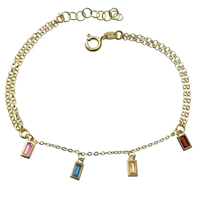 Pulsera plata Ley 925m chapada oro 17cm. centro piedras colores rectangulares colgando cierre reasa