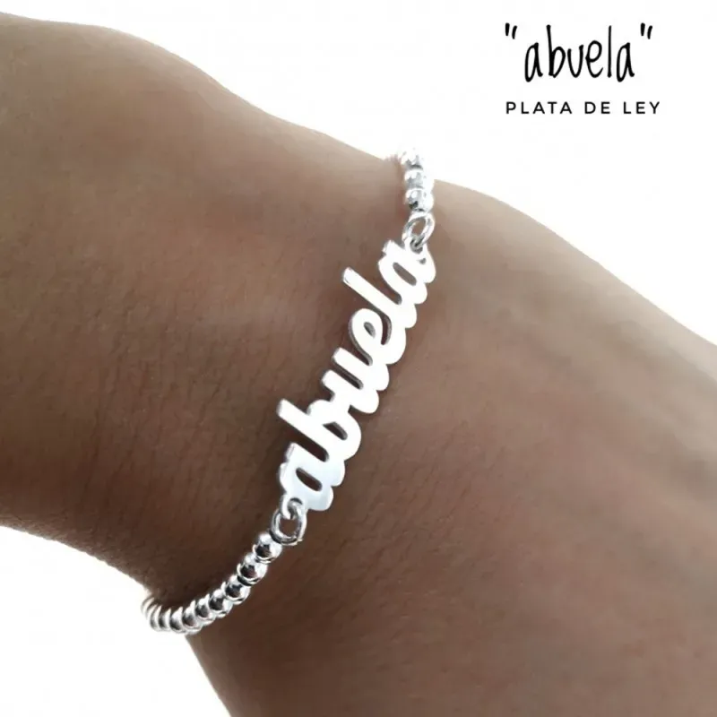 Pulsera plata Ley 925m 18cm. bolas lisa centro palabra 30mm. ABUELA cierre mosquetón