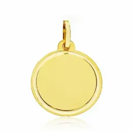 Medalla oro 18k disco liso tallado 18mm. fondo mate cerco brillo grabación imagen incluida en precio