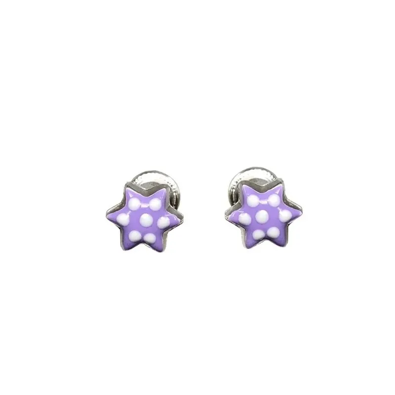 Pendientes plata Ley 925m estrellas esmaltadas 7mm. color morado cierre tornillo niña