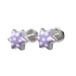 Pendientes plata Ley 925m estrellas esmaltadas 7mm. color morado cierre tornillo niña