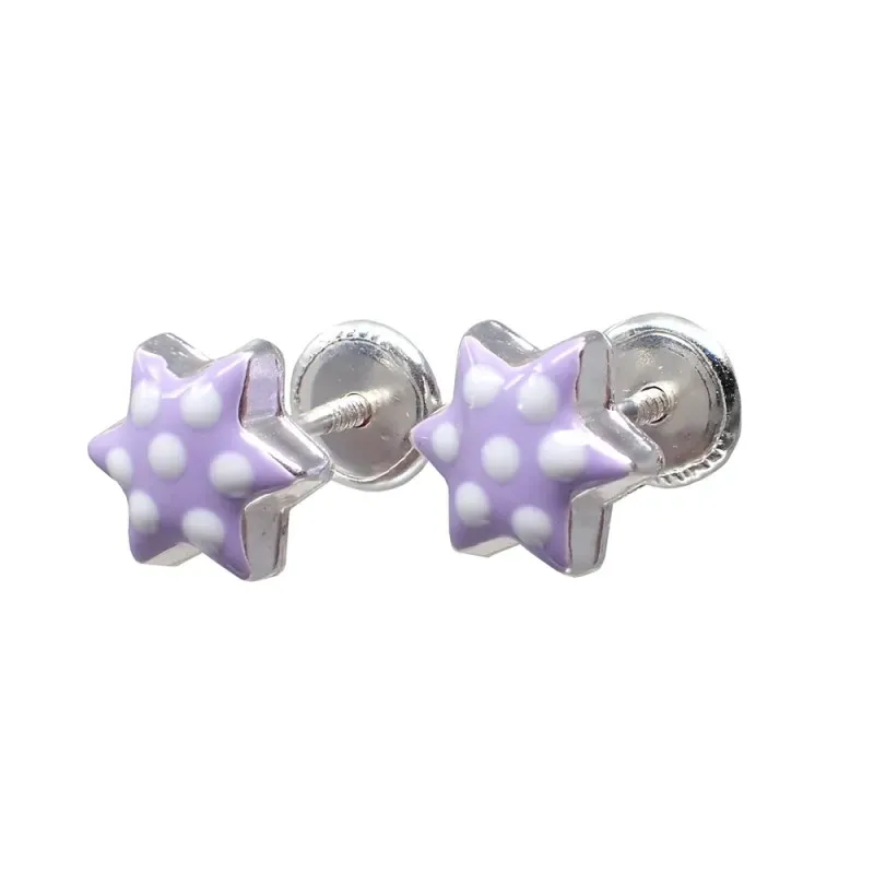 Pendientes plata Ley 925m estrellas esmaltadas 7mm. color morado cierre tornillo niña