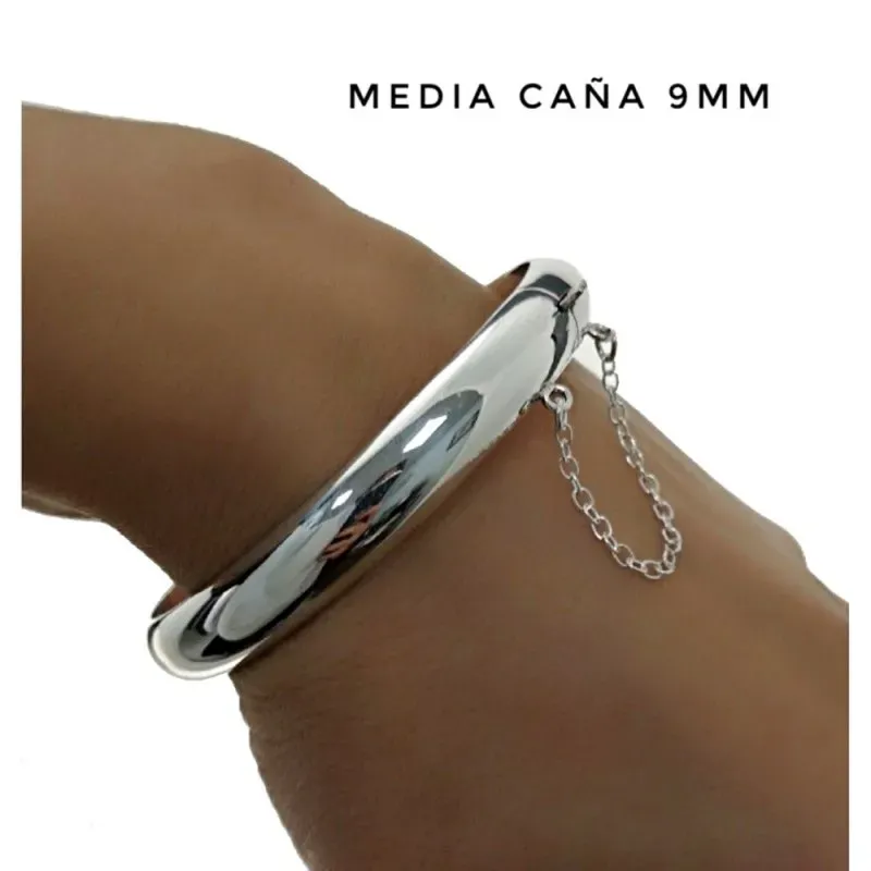 Pulsera brazalete plata Ley 925m media caña 60mm. lisa grueso 9mm. cadena de seguridad
