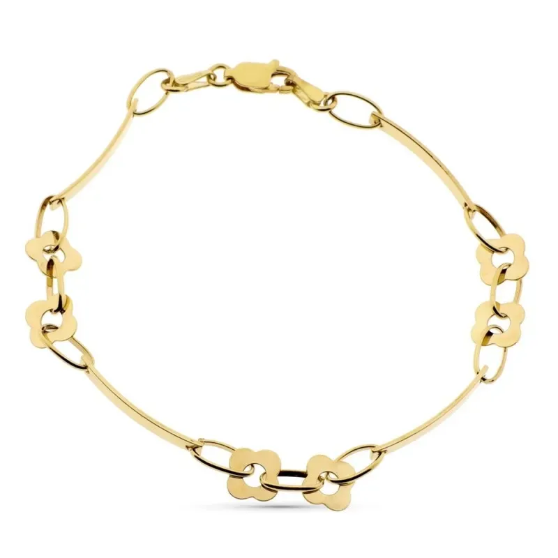 Pulsera oro 18k mujer 19.5cm. eslabones alternos flores lisas cierre mosquetón