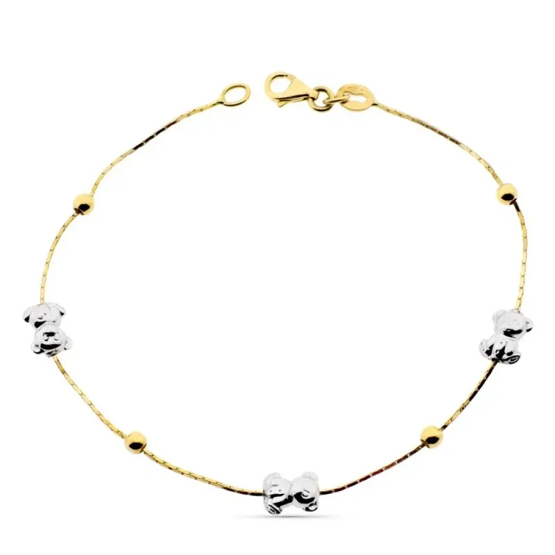 Pulsera oro bicolor 18k alterna ositos bolas lisas cadena cierre mosquetón