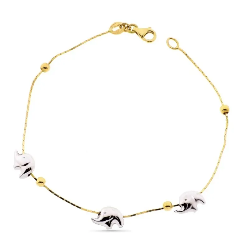 Pulsera oro bicolor 18k alterna elefantes bolas lisas cadena cierre mosquetón