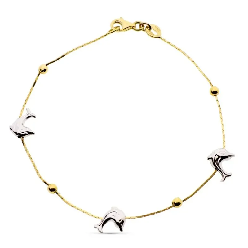 Pulsera oro bicolor 18k alterna delfines bolas lisas cadena cierre mosquetón