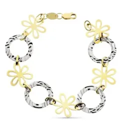 Pulsera oro bicolor 18k mujer detalles alternos flores redondos ondulaciones cierre mosquetón