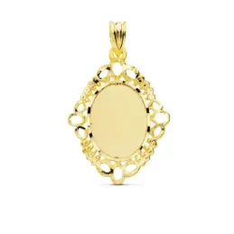 Colgante oro 18k chapa oval 31mm. cerco detalles calados
