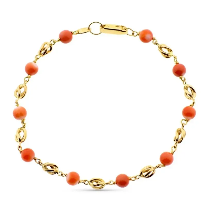 Pulsera oro 18k combinada 20cm. entrepiezas jaulas coral fino japonés 5mm. cierre mosquetón