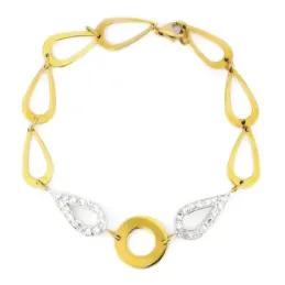 Pulsera oro bicolor 18k eslabones lágrimas centro laterales circonitas círculo liso cierre mosquetón